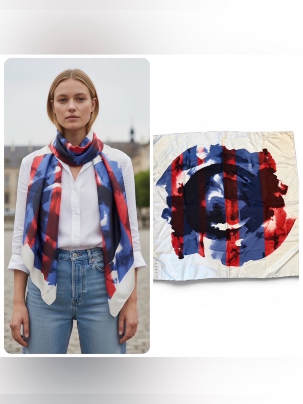 NWT Rare Gucci Silk GG Abstract Stripe Scarf in Blue, Red, and White